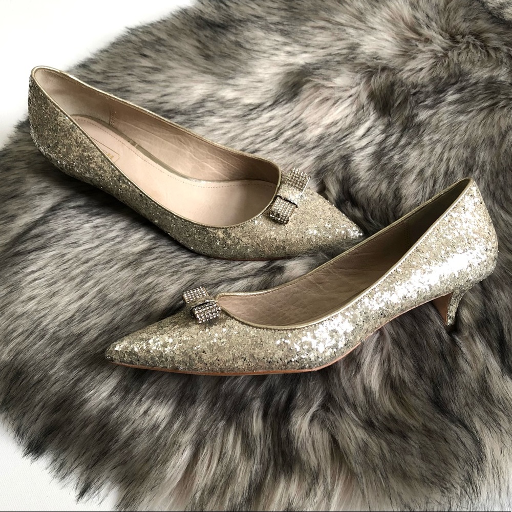 Coach Monroe Silver Glitter Kitten Heels with Bow